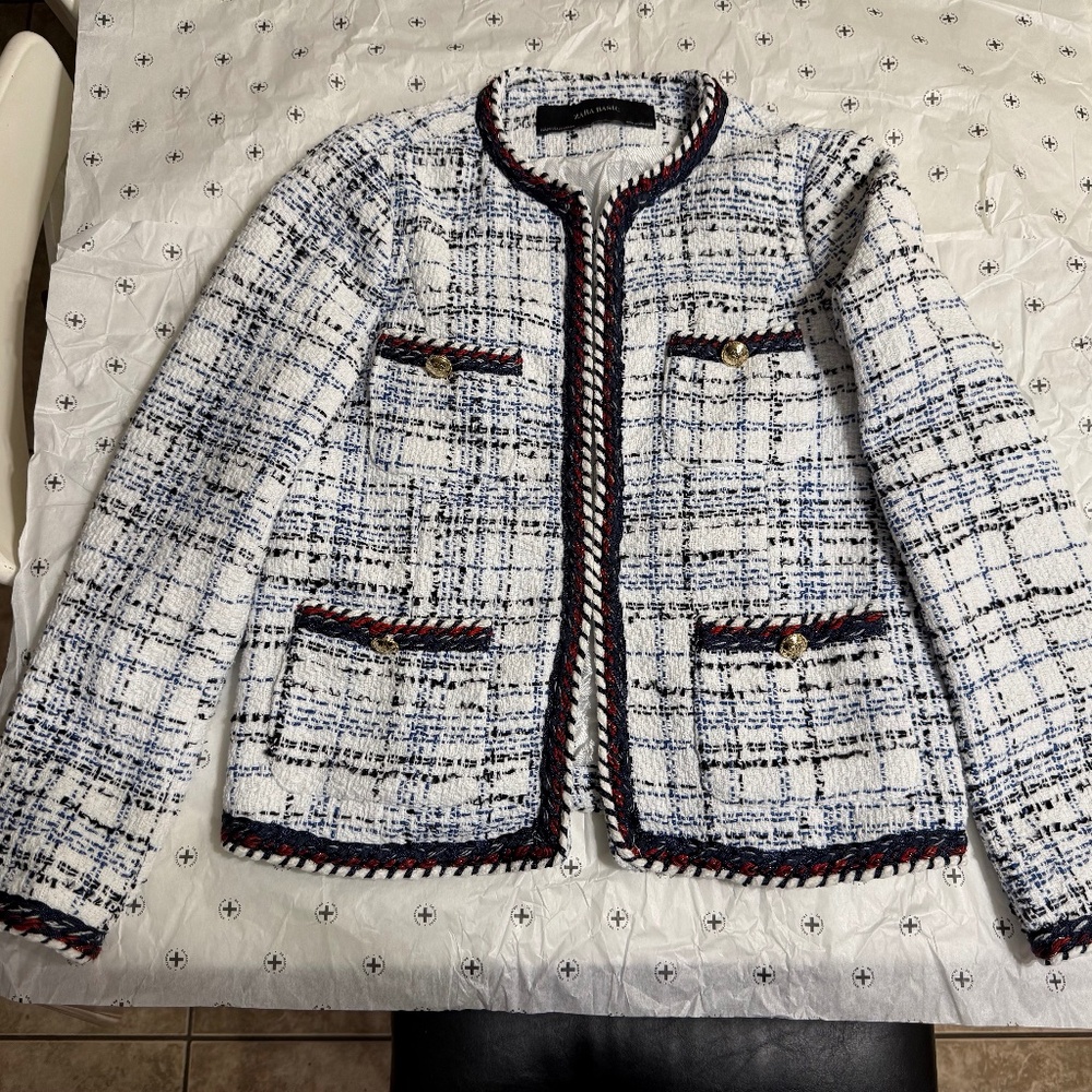 Zara White and Black Tweed Blazer